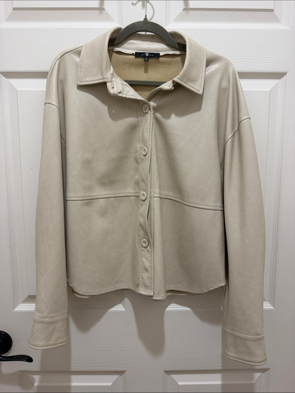 7 For All Mankind Cream Vegan Leather Cropped Trucker Jacket - Size M Shacket
